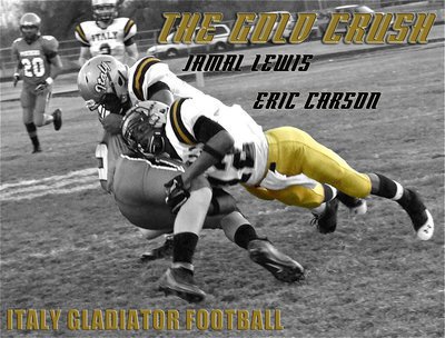 Image: Jalarnce Jamal Lewis(21) and Eric Carson(12) are part of “The Gold Crush” Gladiator defense.