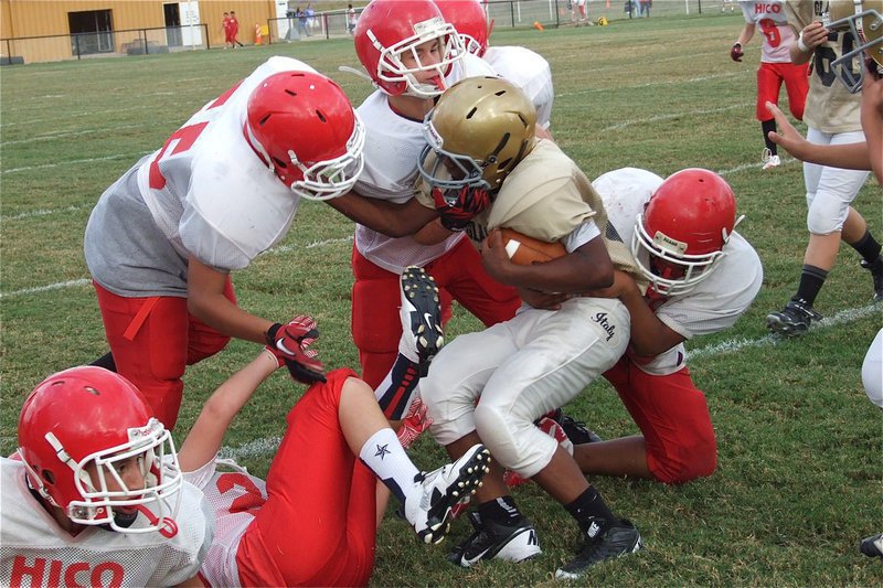 Image: Italy’s Kendrick Norwood(20) fights for yards against the Tigers.