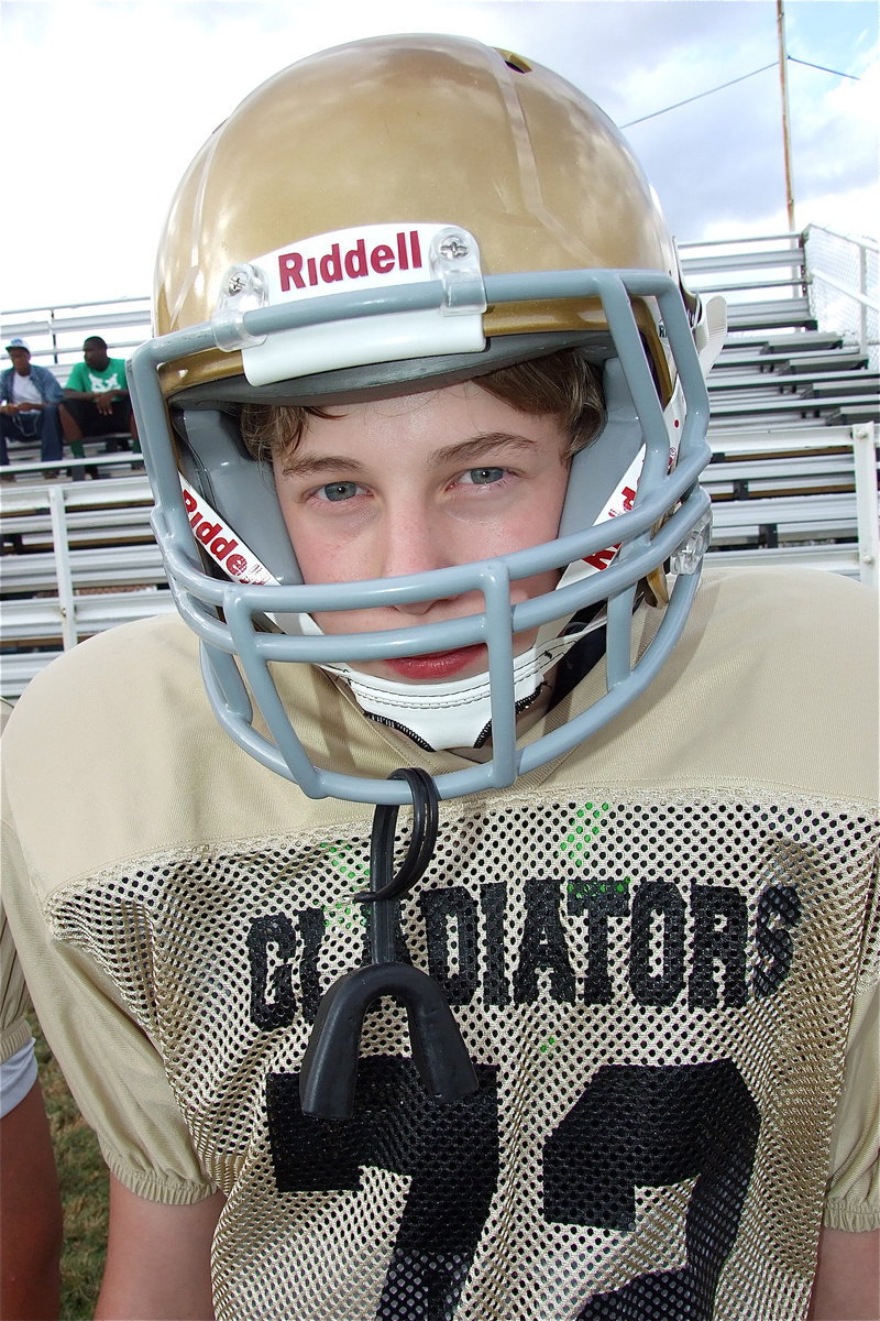 Image: 7th grade Gladiator Michael Hughes(72) is ready for Hico.