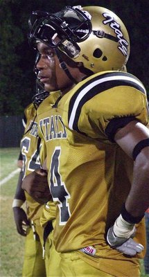 Image: Gladiator Trevon Robertson(4) takes a well-deserved breather. Robertson caught 2 passes for 21 yards and had 7 tackles and 3 assists on defense.