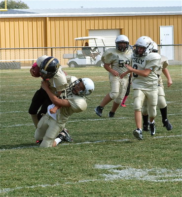 Image: Jonathan Salas(82) drags down a Jaguar to make the play for the A-Team Gladiators.