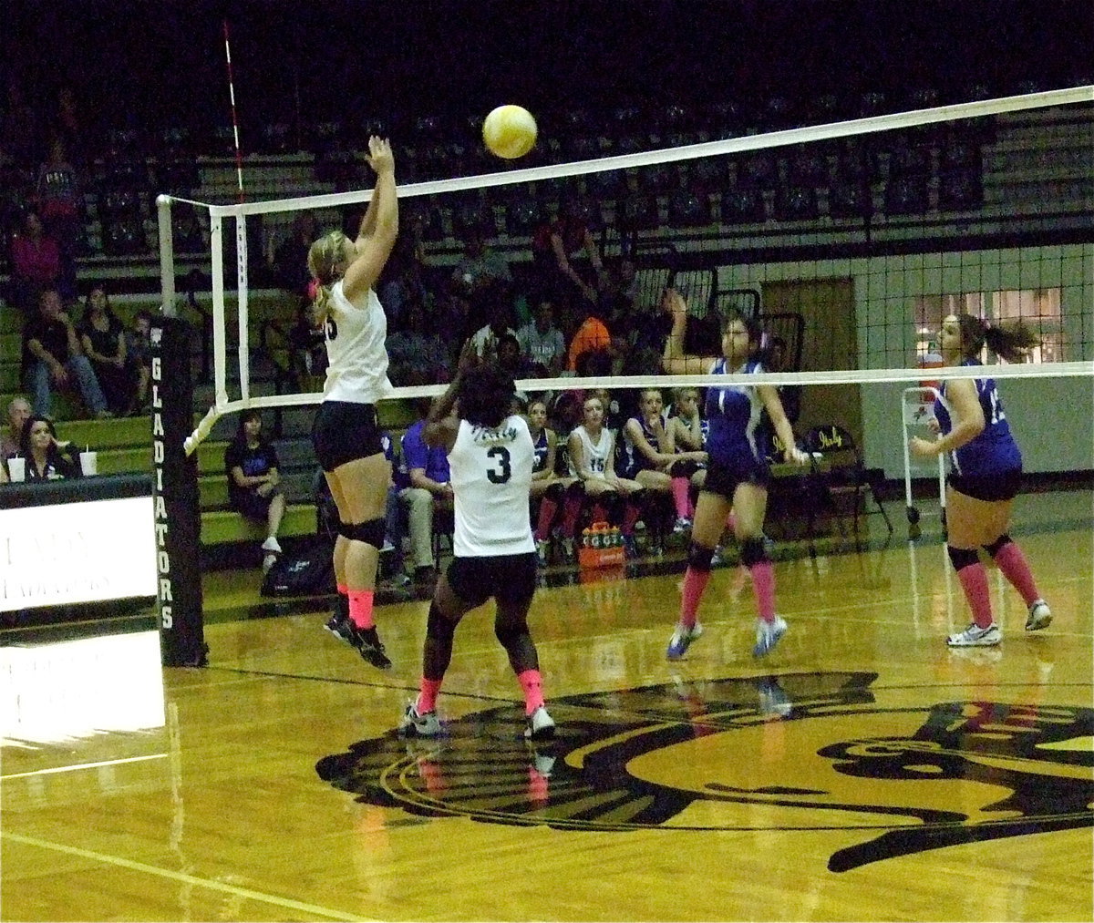 Image: Jaclynn Lewis(15) rises as the left blocker for Italy with Kortnei Johnson(3) ready to react.