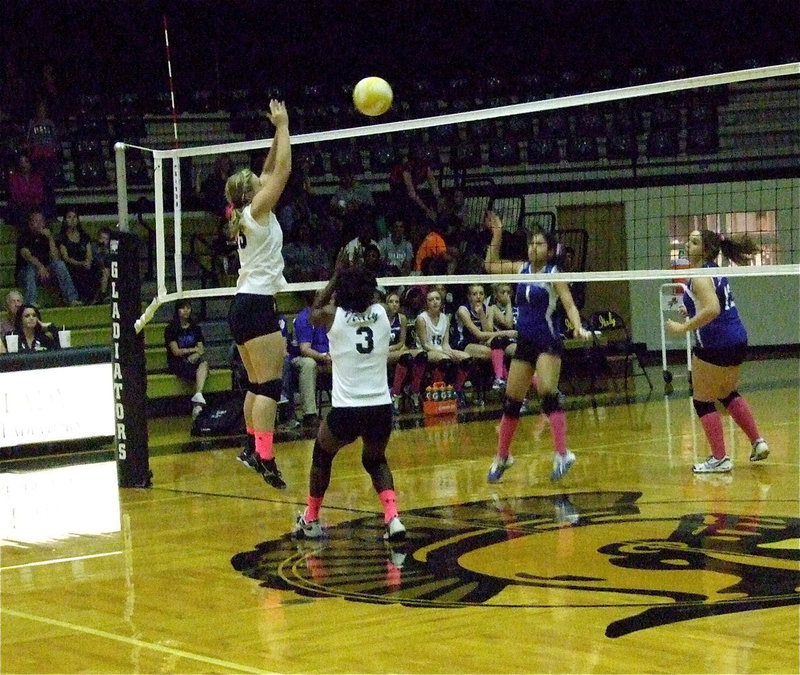 Image: Jaclynn Lewis(15) rises as the left blocker for Italy with Kortnei Johnson(3) ready to react.