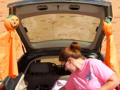 Image: Pumpkins adorn this trunk.