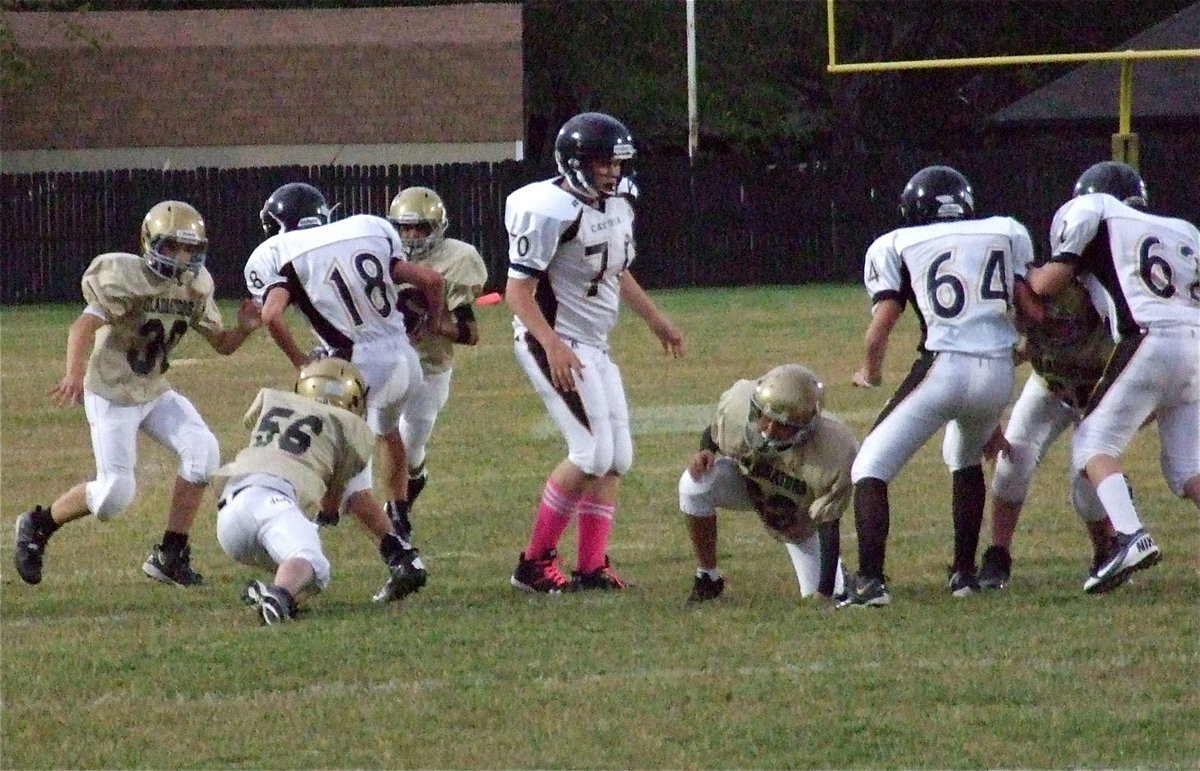 Image: Elliott Worsham(56), Blake Brewer(30) and Fabian Cortez(84) converge on a Cayuga runner.