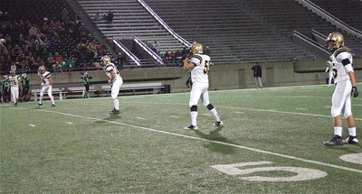 Image: Gladiators Cody Medrano(75), Kyle Fortenberry(66), Zain Byers(50), Zackery Boykin(55) and Hunter Merimon(45) prepare for the opening kickoff.