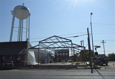 Image: The frame of the pavilion is nearly in place in time for roofing and bricking the columns and pony walls.