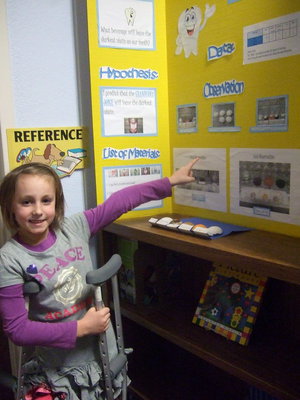 Image: Adyson Mathers (2nd grade) took first place for her science project – what beverage will stain your teeth the darkest?