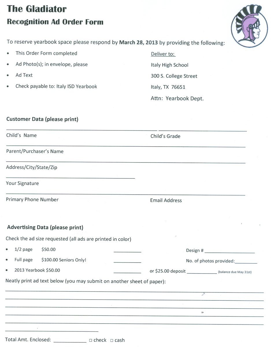 Image: The Gladiator Recognition Ad Order Form: To reserve your yearbook space, please respond by March 28, 2013 with your completed forms.