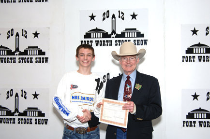 Image: Ty Windham won a $500 purchase certificate toward a registered beef or dairy heifer for a 4-H or FFA project to exhibit at next year’s Fort Worth Stock Show & Rodeo. The certificate, presented by Ed Bass, FWSSR Chairman of the Board, was sponsored by Monosol LLC of Merrillville, Indiana.