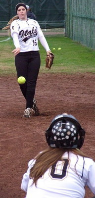 Image: Pitcher Jaclynn Lewis and catcher Paige Westbrook before the game.