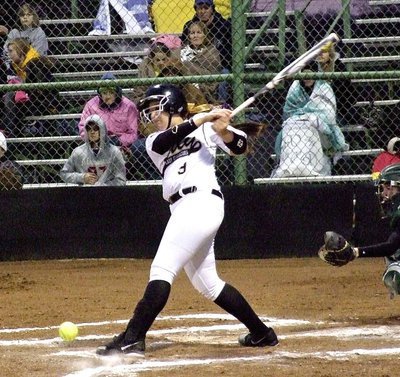 Image: Alyssa Richards(9) flirts with her first base hit of the 2013 season during her first outing but will have to try again this evening against Maypearl. Richards was part of the Lady Gladiators playoff basketball squad and has just now joined her softball teammates.