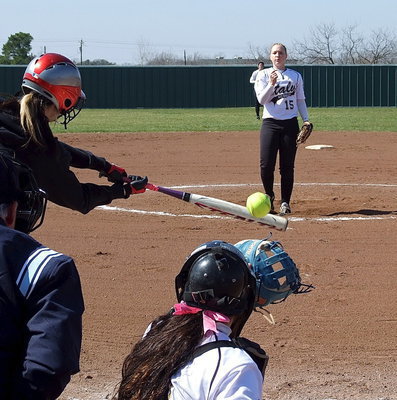 Image: Strike! Pitcher Jaclynn Lewis(15) keeps the Tiger lineup guessing as catcher Alyssa Richards corrals the the third strike.