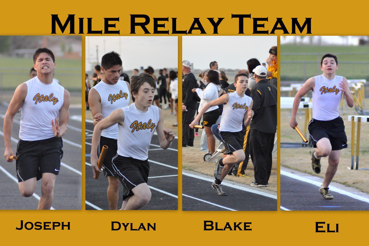 Image: Italy 8th graders, Joseph Celis, Dylan McCasland, Blake Brewer and Eli Garcia finish in 2nd place during the 4×400m relay during the Wampus Cat Relays.
