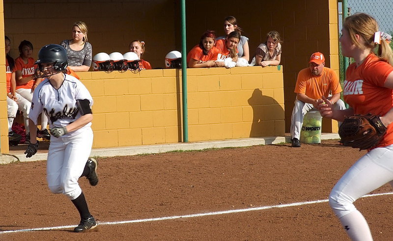 Image: Morgan Cockerham(8) and her Lady Gladiator teammates win the race to the finish, 16-0 over Avalon.