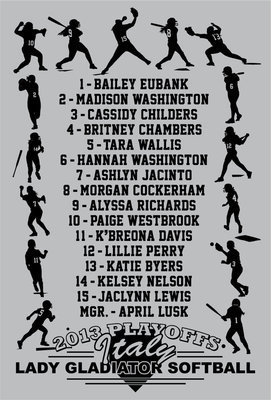 Image: Actual Lady Gladiator action silhouettes create a unique design on the back of this 2013 playoff shirt. Let the ladies know you’ve got their backs and order your shirt today!