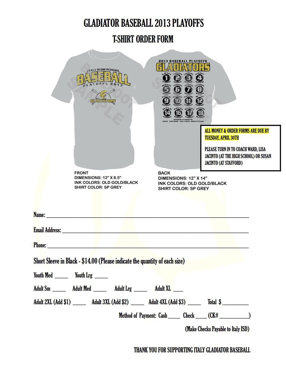 Image: Order form
    Optimal Form Printing Instructions:
    1) click link below to view image in its largest format
    http://www.italyneotribune.com/stories/gladiator-baseball-playoff-shirt-2013/photos/1
    2) once that image is opened, right click and download image to your downloads folder
    3) print form directly from your downloads folder