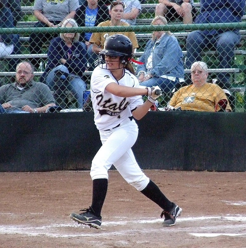 Image: Sophomore slap hitter Bailey Eubank(1) works to get on base with mom Sandy Eubank, who is located directly above Bailey, rooting her on from the bleachers.