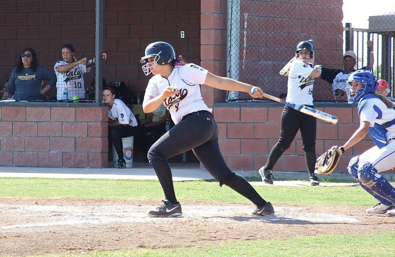 Image: Alyssas Richards(9) gets a much needed hit for Italy during a critical moment in game two.