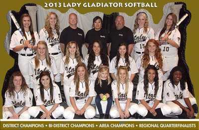 Image: Congratulations to the 2013 Italy Lady Gladiators Softball Team on their successful season! (Back row) Lillie Perry, Madison Washington, Coach Michael Chambers, Coach Tina Richards, Head Coach Wayne Rowe, Jaclynn Lewis and Paige Westbrook. (Middle row) Hannah Washington, Kelsey Nelson, Alyssa Richards, Morgan Cockerham and Katie Byers. (Bottom row) Tara Wallis, Cassidy Childers, Bailey Eubank, Hannah Rowe, Britney Chambers, Ashlyn Jacinto and K’Breona Davis.