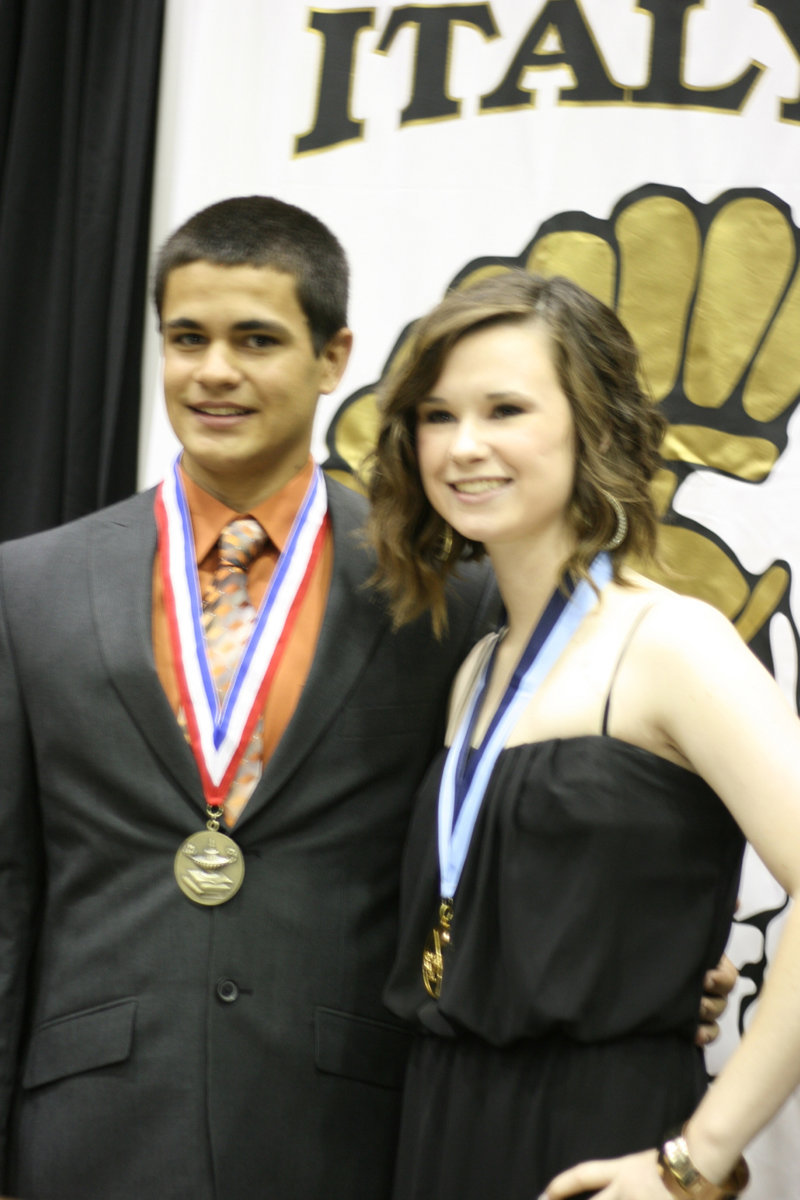 Image: Valedictorian Reid Jacinto and Salutatorian Megan Hooker take a photo together.