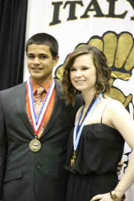 Image: Valedictorian Reid Jacinto and Salutatorian Megan Hooker take a photo together.