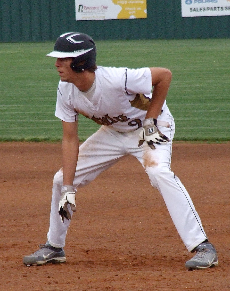 Image: Cole Hopkins(9) gets a lead at first base.