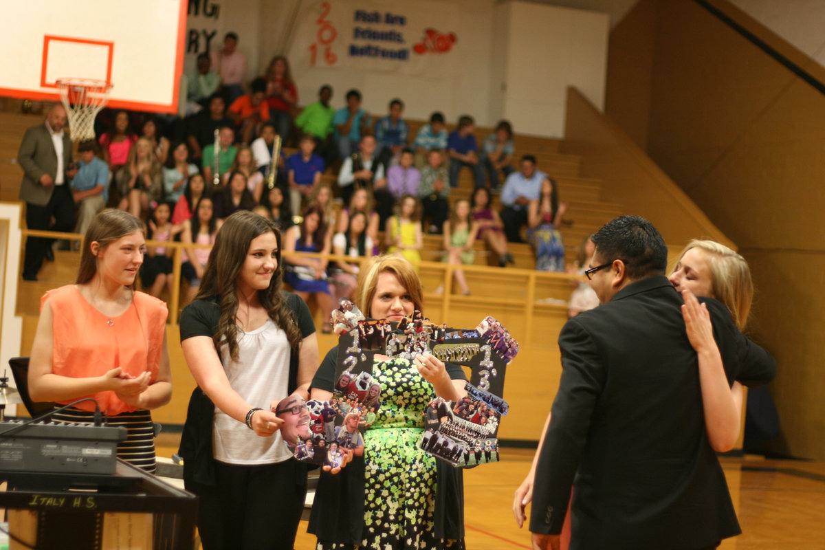 Image: The Leadership of the IHS band presented Mr. Perez an award for being such a great teacher. (L-R) Whitney Wolaver, Alexis Sampley, Emily Stiles and Madison Washington.