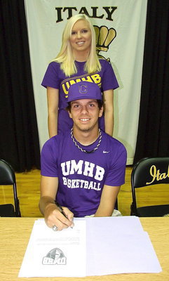 Image: Cole Hopkins with his older sister, Megan Hopkins, during Cole’s signing of his letter of intent to play basketball for the University of Mary Hardin-Baylor Crusaders. Megan currently attends Navarro College.