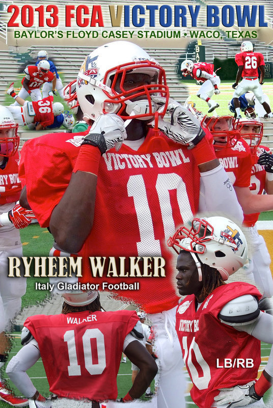Image: Italy Gladiator Football’s, Ryheem Walker, made his hard-hitting presence know during the 2013 FCA (Fellowship of Christian Athletes) Super Centex Victory Bowl V by delivering blows for the Red Team All-Stars every chance he had including dislodging an opponent from his caged bonnet on one play. Walker also had a fumble recovery and a 40-yard kick return.