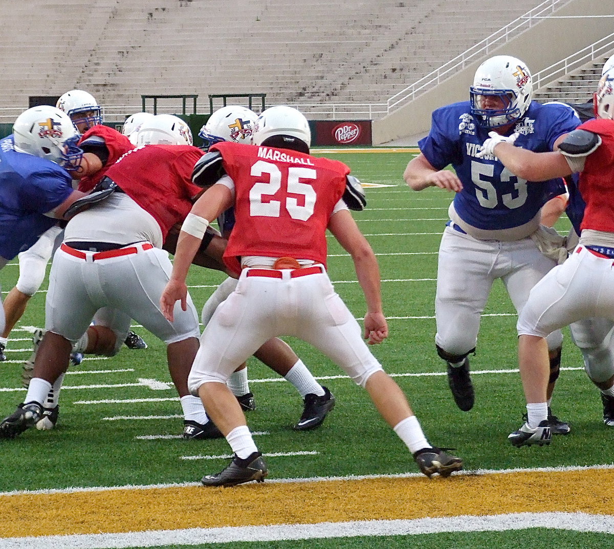 Image: Avalon’s, Reece Marshall(25) defends the goal line as the Red Team’s middle linebacker.