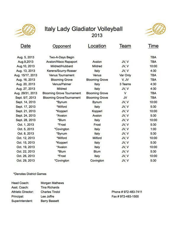 Image: The 2013 varsity and JV Lady Gladiator Volleyball Schedule is official with newly hired head coach, Morgan Matthews, and assistant coach, Tina Richards, looking forward to improving on a 5th Place finish in district last season.