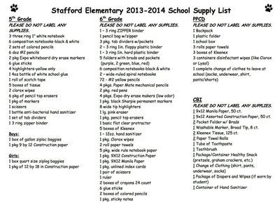 Image: Stafford Elementary School Supply List – page 3
    For optimal printing click on image twice to get it to it’s largest state. Then right click, download and print.