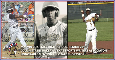 Image: Congratulations to Italy Baseball’s, Marvin Cox, sr., on being selected to the Collin Street Bakery / Texas Sports Writers Association’s All-State Team as a Honorable Mention Shortstop.