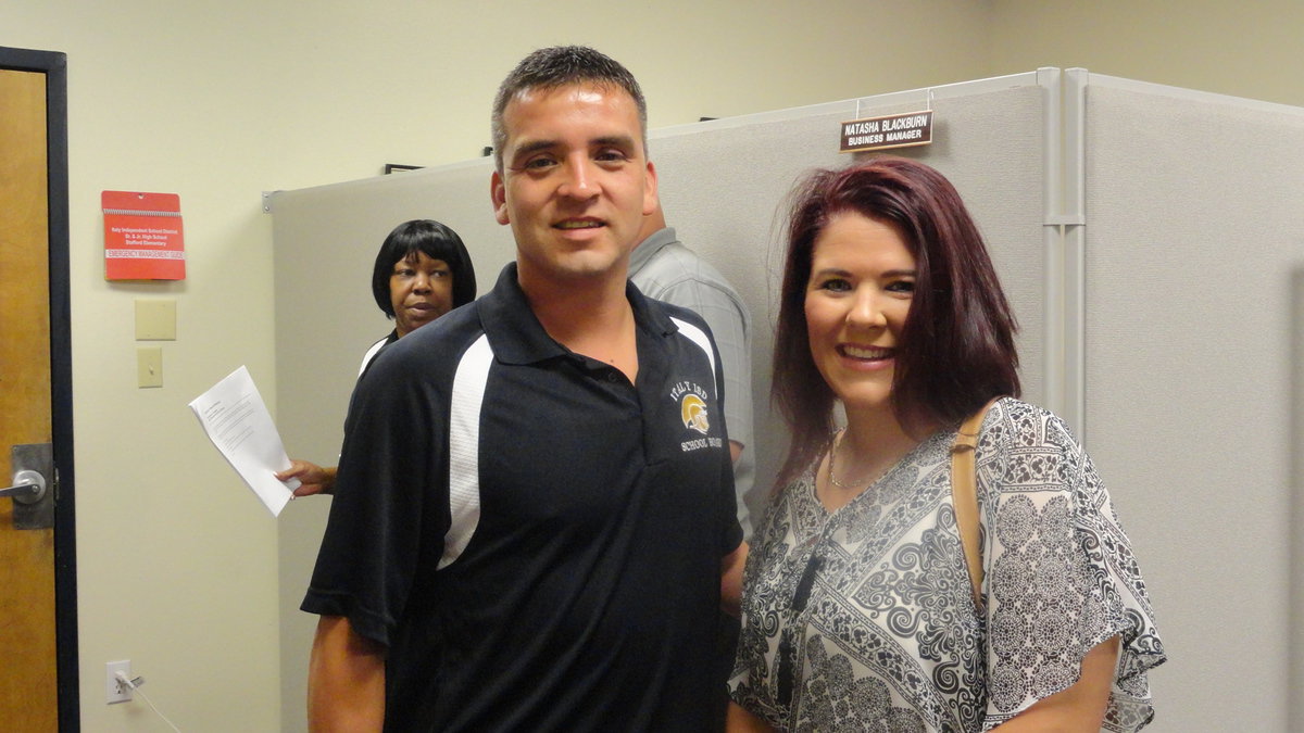 Image: Italy School Board Trustee, Sal Ramirez congratulates Jennifer Eaglen, newly hired Family Consumer Science Teacher