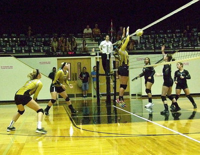Image: Italy’s Halee Turner(7) and Jaclynn Lewis(13) backup up Madison Washington(10) who is giving Palmer fits above the net.