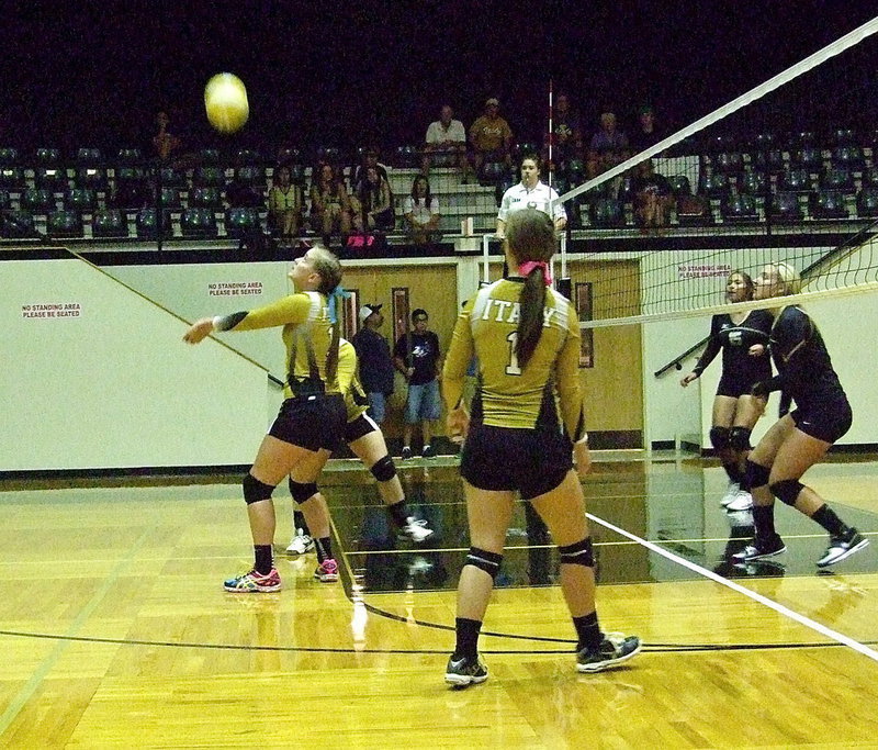 Image: Lady Gladiator Madison Washington(10) bumps the ball back over her head and onto Palmer’s side of the court.