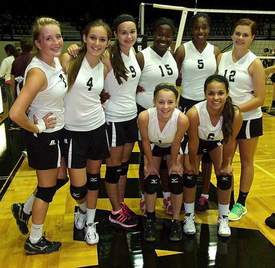 Image: After defeating the MIldred JV Eagles, the Lady Gladiator JV Team poses for a team photo: (Backrow L-R) Hannah Washington(7), Jozie Perkins(4), Amber Hooker(9), Taleyia WIlson(15), Janae Robertson(5) and Lillie Perry(12). (Front row L-R) Britney Chambers(1) and Ashlyn Jacinto(6).
