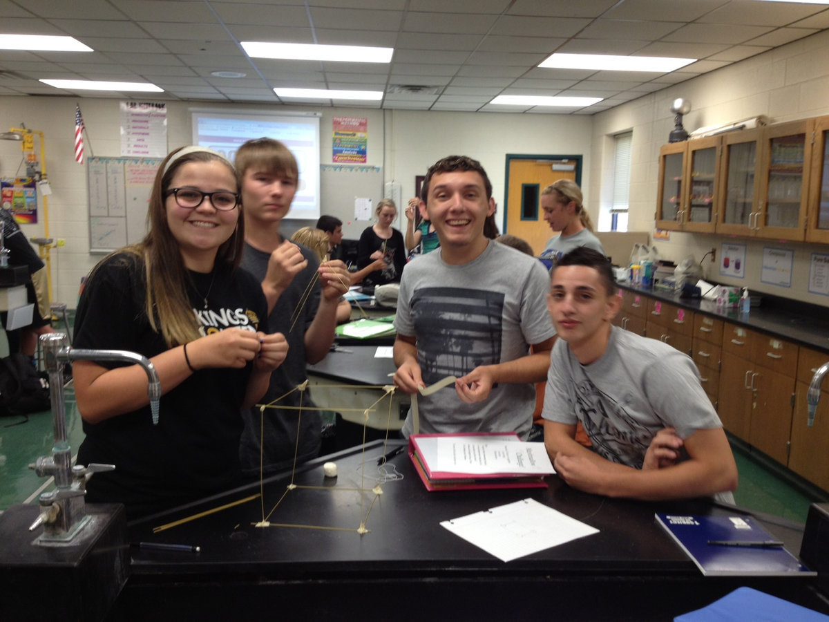 Image: Reagan, Brandon, Chace and Jack want to show off their project during The Marshmallow Challenge.