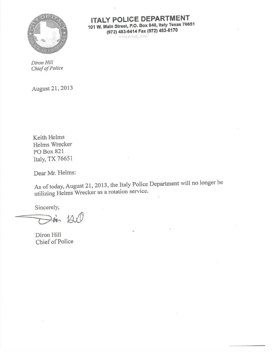 Image: Helms Wrecker removal from service letter