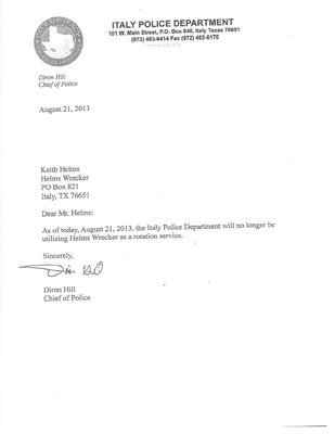 Image: Helms Wrecker removal from service letter