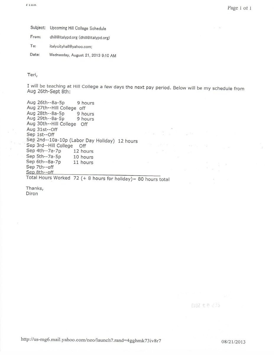 Image: Chief Hill unable to work due to teaching position at Hill College