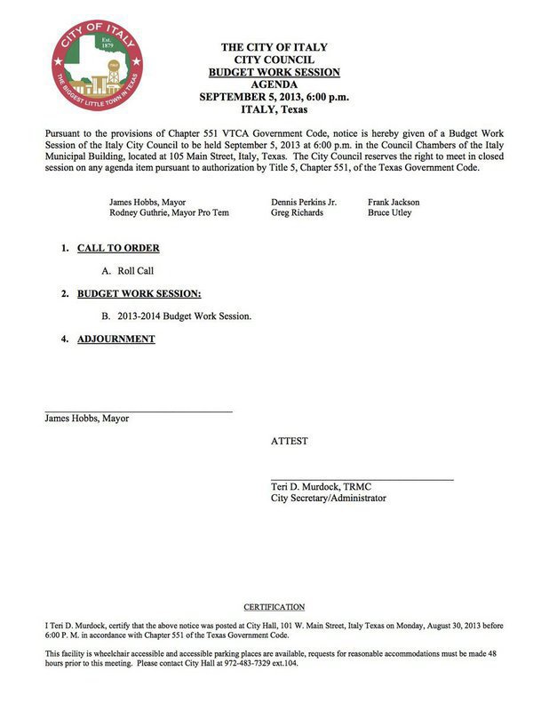 Image: City Council Meeting Agenda for Thursday, September 5, 2013