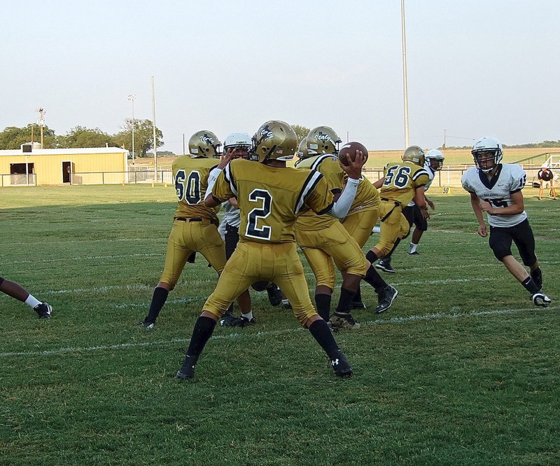 Image: Joe Celis(2) rares back to pass behind David De La Hoya(60), Kenneth Norwood, Jr.(63) and Austin Crawford(56).