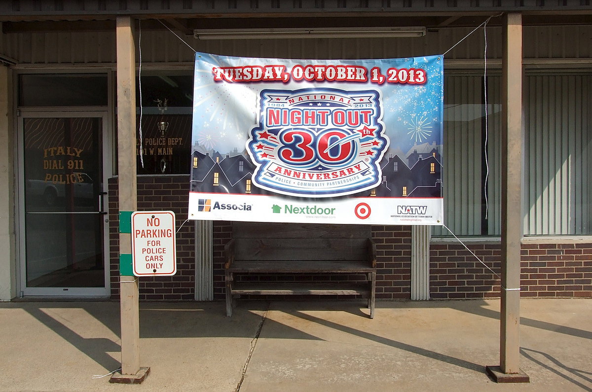 Image: The Italy Police Department invites the community to join them in celebrating National Night Out on Tuesday, October 1, 2013 at the downtown Italy Pavilion from 6:00 to 9:00 p.m. The Italy PD is also asking for donations from businesses, individuals and or organizations to be used as free giveaways.