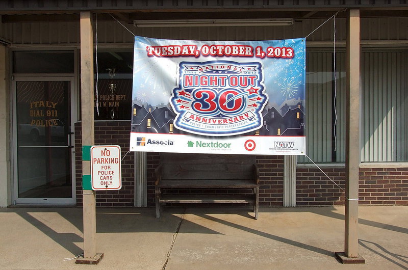 Image: The Italy Police Department invites the community to join them in celebrating National Night Out on Tuesday, October 1, 2013 at the downtown Italy Pavilion from 6:00 to 9:00 p.m. The Italy PD is also asking for donations from businesses, individuals and or organizations to be used as free giveaways.