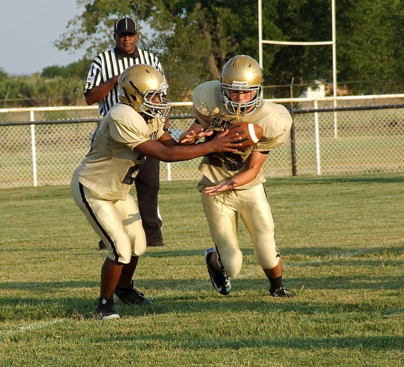 Image: Quarterback Kendrick Norwwod(20) hands off to teammate Kyle Tindol(25).