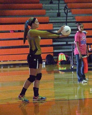 Image: Madison Washington(10) concentrates on her serve.