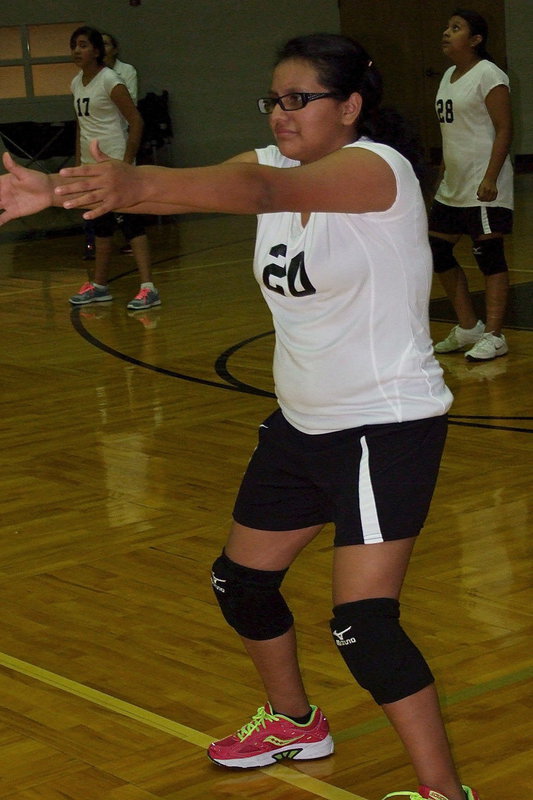 Image: Karla Perez(20) is set for the serve as teammates Emily Guzman(17) and Noeli Garcia(28) settle into their positions.
