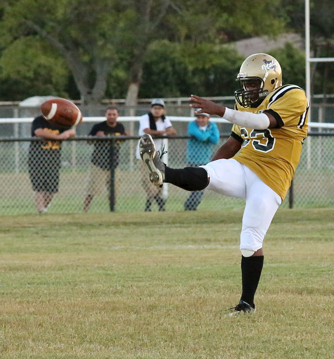 Image: JV Gladiator Kenneth Norwood, Jr.(63), punts the ball to Itasca.